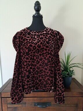Dolan Leopard Velvet Puff-Sleeve Blouse Size Small Animal Print Anthropologie